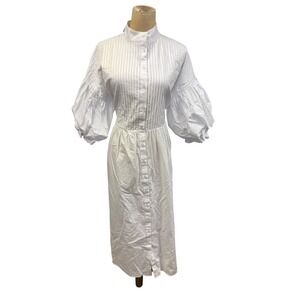 Marielle Almelo White Phoebe Pintuck Smocked Puff Sleeve Midi Button Front Dress